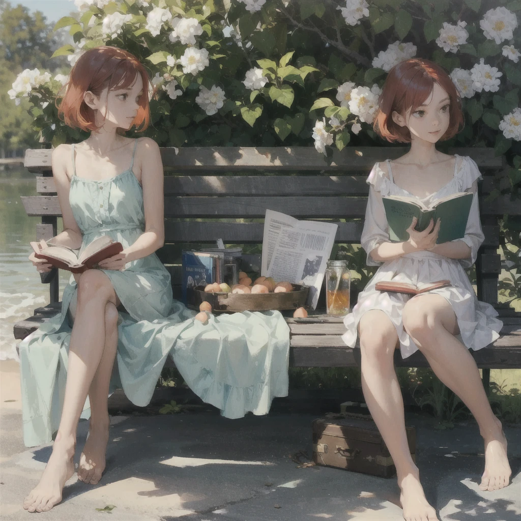 A gentle, slender, thin girl with an exquisite, perfect, very beautiful face of the southern type with large alien eyes with short red hair in a light summer green sundress, barefoot on the pier on benches, reading a book under a flowering tree, there is a small old travel suitcase on the ground nearby, soft amber evening light, warm sun, gentle waves, mint and peach shades