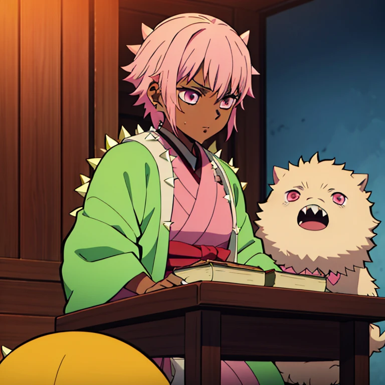A Russian girl, dark skin, she’s a non-canon character of Kimestu no Yaiba, hot-pink eyes, (((short spiky hair))), (split colored hair), (moderate pink hair), (dark brown hair), moderate tanned skin, she wears a demon slayer kimono that is pink, yellow, lime green with a Russian sun symbol and Russian dolls. She is 19 years old, but appears younger, (medium chest)