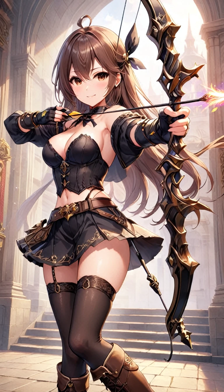 (masutepiece, Best Quality), 1girl, solo, long-hair, weapon, thighhighs, brown-hair, gloves, navel, brown-eyes, smile, breasts, medium-breasts, cleavage, belt, looking-at-viewer, boots, midriff, black-thighhighs, full-body, skirt, ahoge, holding-weapon, blush, holding, bandeau, standing, Aiming a Bow
