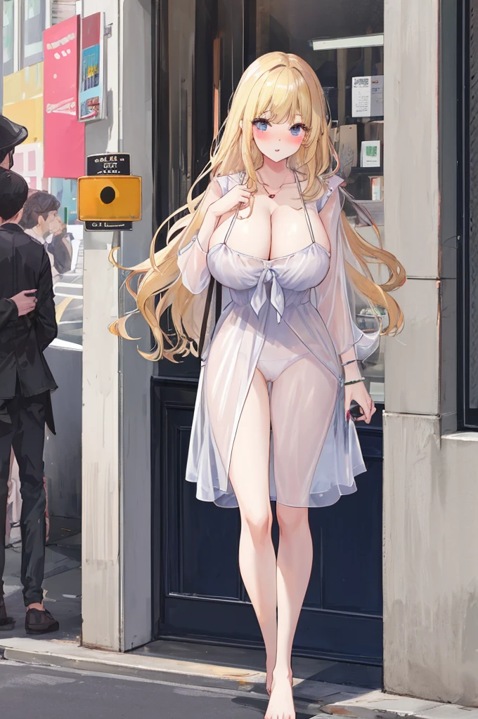 A woman with big ，Beautiful princess，Long blond hair，Exquisite，((transparent))，(Super short)Nightdress，Cleavage，Slim waist，pubic，blush，on the street，