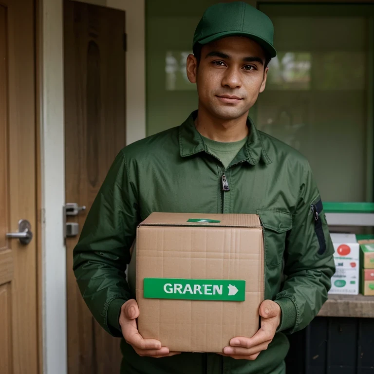 Cria a foto de um homem, a standing delivery man wearing a green uniform, jacket and holding an order box with his hands as if he were delivering it to someone with a blurred background. A camera de frente para ele, na caixa esta escrito Greenpoint