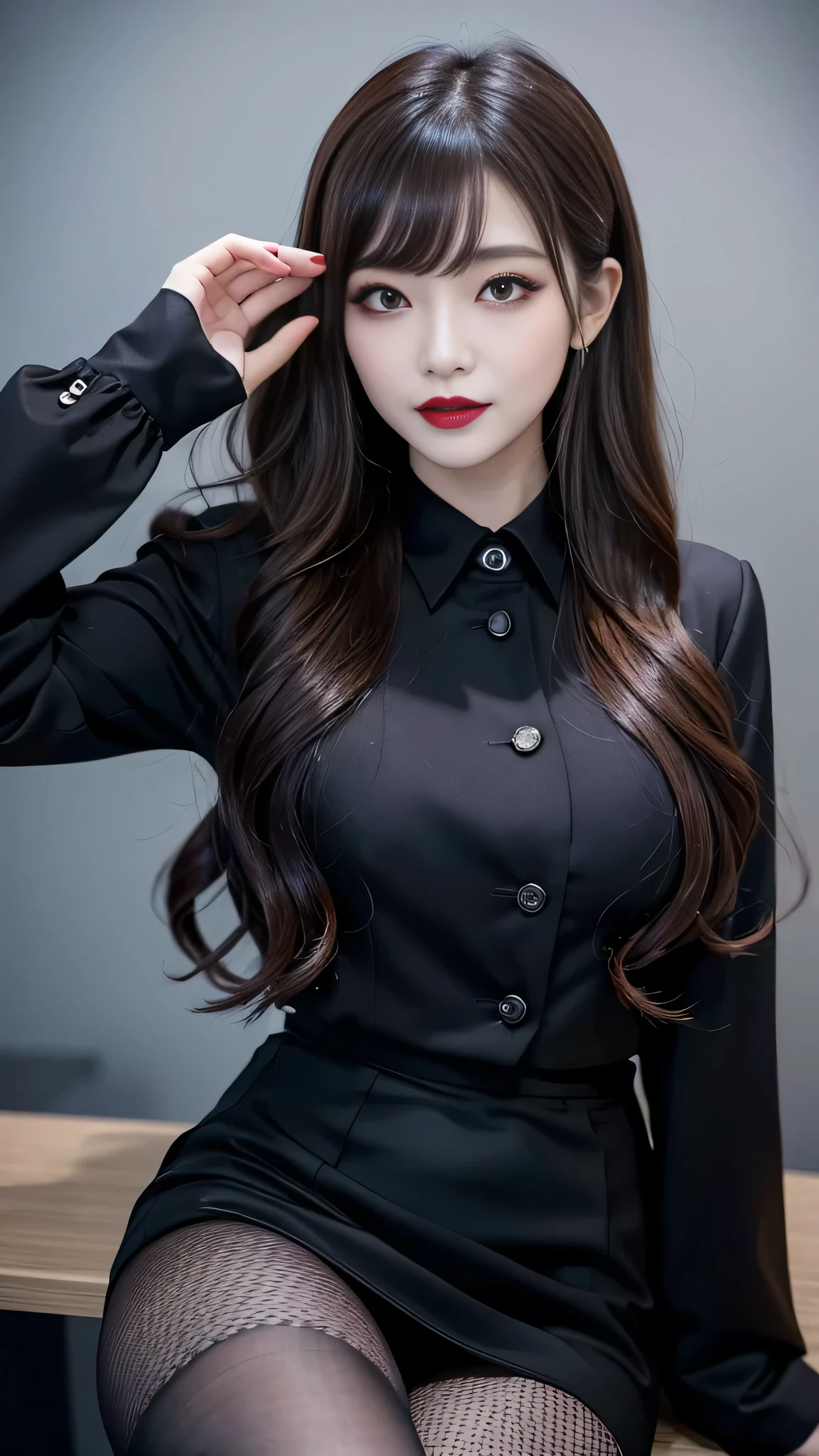best quality、ultra-detailed、4k、Japanese、Seductive beauty、seductive adult woman、Pretty Woman、cool girl、Villainess、Brainwashed、brainwash、Fallen into evil、smirk、Evil look、Wicked Smile、evil、Brown hair、wavy hair、swept bangs、dark makeup、dark makeup、piercing eyes、hollow eyes,half-closed eyes、Hollow Eyes、purple Eyeshadow、black lipstick、black lipglos、office staff suit、suit、Jacket、White Shirt、Black Ribbon、Tight Skirt、pantyhose、night、inside darkroom、Have lipstick、Emblem of Evil、Crest of Darkness、Swear allegiance、I have pledged my allegiance、Dye black、Blackening、Stained with evil、Dyed in darkness、Seduce