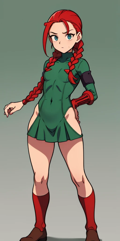masterpiece, best quality, best quality, 1girl, Cammy White, twin braids, cabello rubio largo, boina roja (Red Head Outfit:1.3) ojos azul, cicatriz mejilla, mallas verde, senos grandes, mangas cortas, luvas, ropa de camuflar, cowboy shot, Standing, fondo simple, flat background