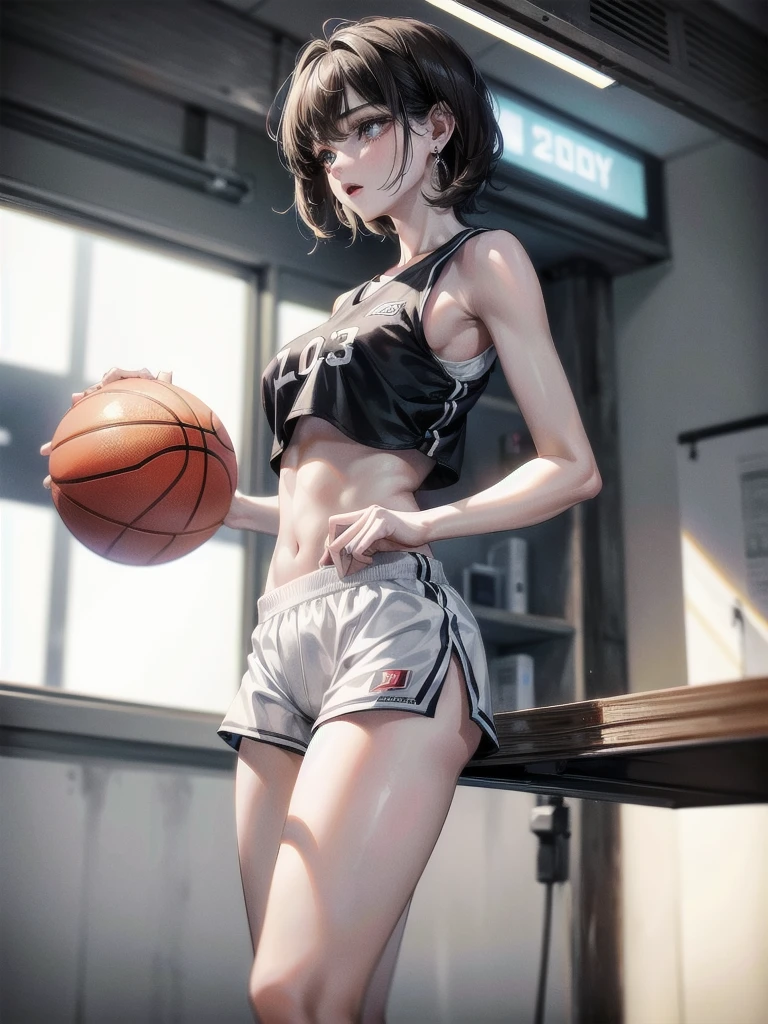basketball uniform, shorts, midriff, sleeveless, absurdres, RAW photo, extremely delicate and beautiful, masterpiece, Best Quality, ultra high resolution, 32k, hyperrealistic, ultra-detailed, detailed description, pale skin, 20 years old, tearful mole, earring, big tits, short medium hair, wavy hair, full body shot,
