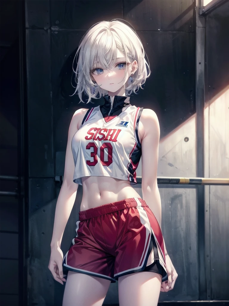 basketball uniform, shorts, midriff, sleeveless, absurdres, RAW photo, extremely delicate and beautiful, masterpiece, Best Quality, ultra high resolution, 32k, hyperrealistic, ultra-detailed, detailed description, pale skin, 20 years old, tearful mole, earring, big tits, short medium hair, wavy hair, full body shot,