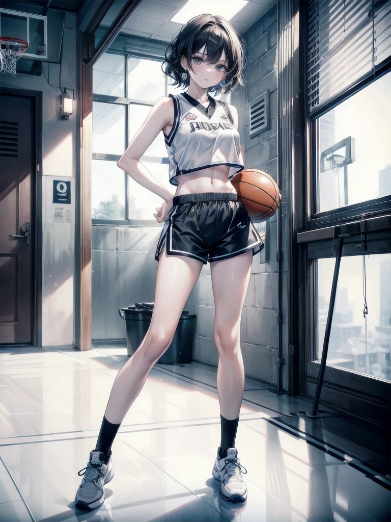 basketball uniform, shorts, midriff, sleeveless, absurdres, RAW photo, extremely delicate and beautiful, masterpiece, Best Quality, ultra high resolution, 32k, hyperrealistic, ultra-detailed, detailed description, pale skin, 20 years old, tearful mole, earring, big tits, short medium hair, wavy hair, full body shot,