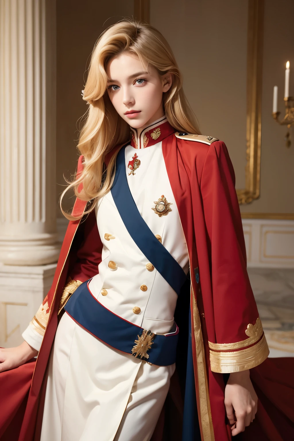 Model and background intact, woman in uniform, beautiful androgynous prince, a delicate androgynous prince, Portrait of a magical blonde prince, Tough long curly hair, red and white uniform, Versaille palace, saber, 