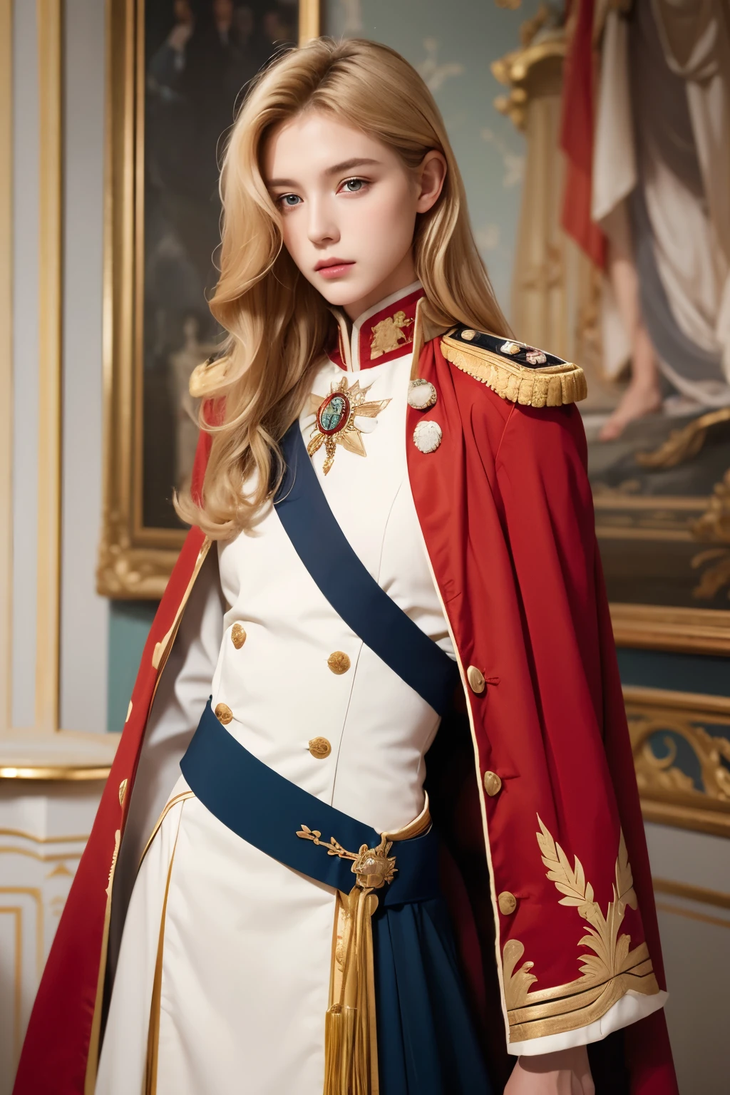 Model and background intact, woman in uniform, beautiful androgynous prince, a delicate androgynous prince, Portrait of a magical blonde prince, Tough long curly hair, red and white uniform, Versaille palace, saber,
