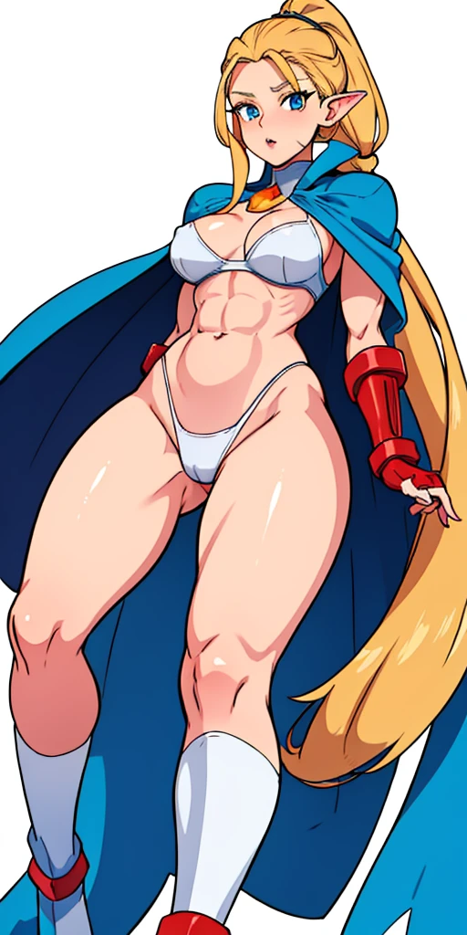 ((masterpiece, white background:1.2)) full body of a woman, standing feet together, extremely long hair, ponytail, perfect anatomy 1sologirl, tall slim thick ((muscular)) high elf toned body, silver breast plate, blue cape, slender abs, hourglass waist, detailed face, defined cheekbones, puffy lips, red gloves gauntlets, gold crown, shadow over eyes, looking at viewer view from below, white thigh highs lingerie