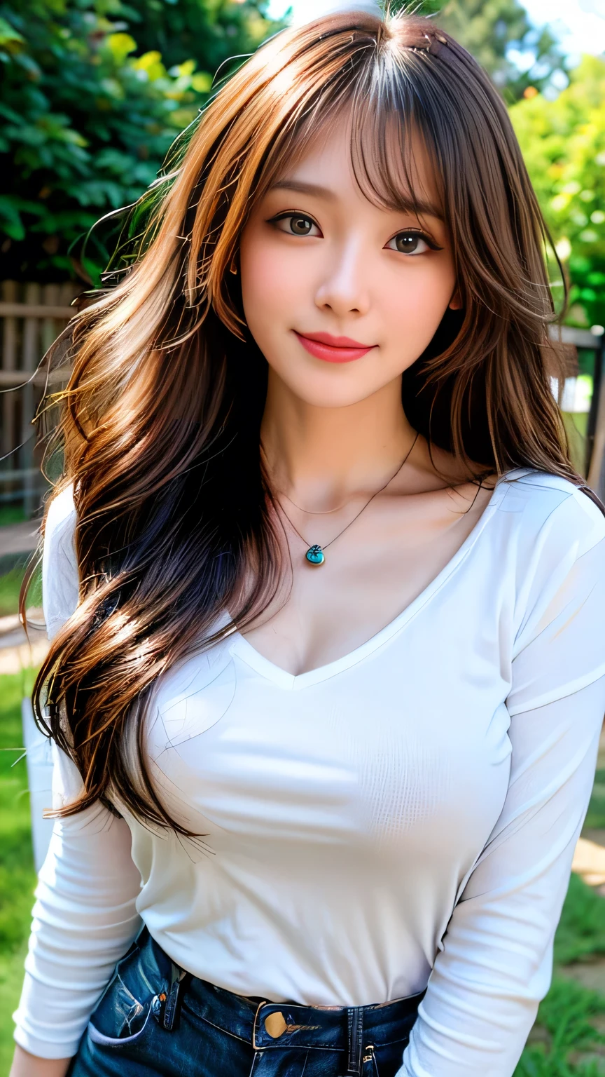 Full Body Angle、((highest quality, 8K, masterpiece: 1.3)), concentrated: 1.2, Cute girl 1,Nipples erect、 Perfect beauty: 1.4,Crisscross V-neck T-shirt, Casual summer short sleeve t-shirt: 1.2,Long sleeve、Randall Color、comics&Text Graphics、Black ruffle-trimmed drawstring zip blouse,1.1, Highly detailed face and skin textures, Fine grain, double eyelid, whitening skin, ,highest quality,Ultra-high resolution,you,1 girl,alone,_Shiny_skin,Iris,necklace,((Brown_length_Wavy_hair)),(lips)),eyelash,Front hair,deal with,compensate,Shiny,pore,skin texture,Large Breasts、smiling face、Front hair、garden、