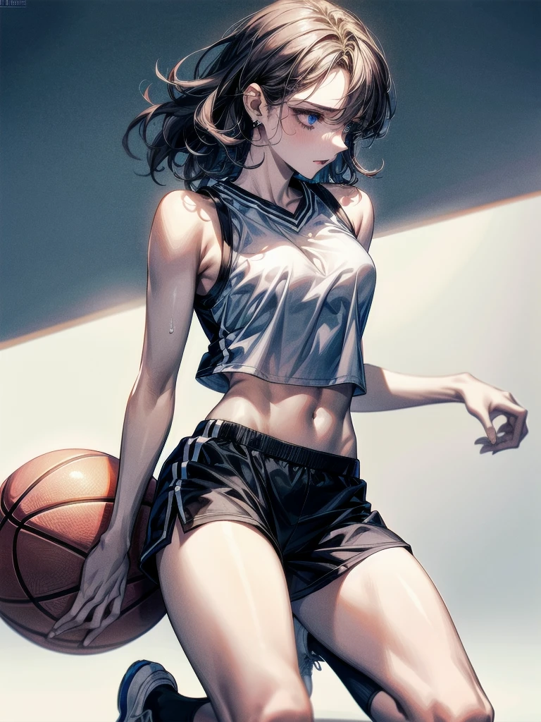 basketball uniform, shorts, midriff, sleeveless, absurdres, RAW photo, extremely delicate and beautiful, masterpiece, Best Quality, ultra high resolution, 32k, hyperrealistic, ultra-detailed, detailed description, pale skin, 20 years old, tearful mole, earring, big tits, short medium hair, wavy hair, full body shot,