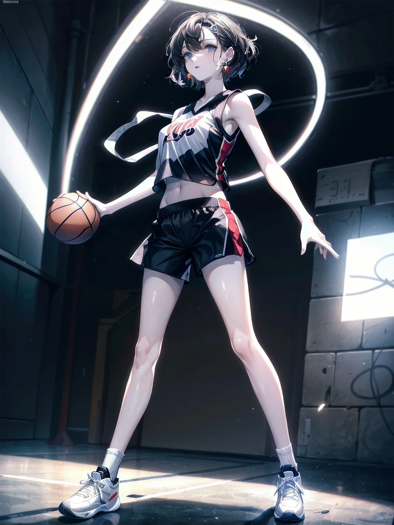basketball uniform, shorts, midriff, sleeveless, absurdres, RAW photo, extremely delicate and beautiful, masterpiece, Best Quality, ultra high resolution, 32k, hyperrealistic, ultra-detailed, detailed description, pale skin, 20 years old, tearful mole, earring, big tits, short medium hair, wavy hair, full body shot,
