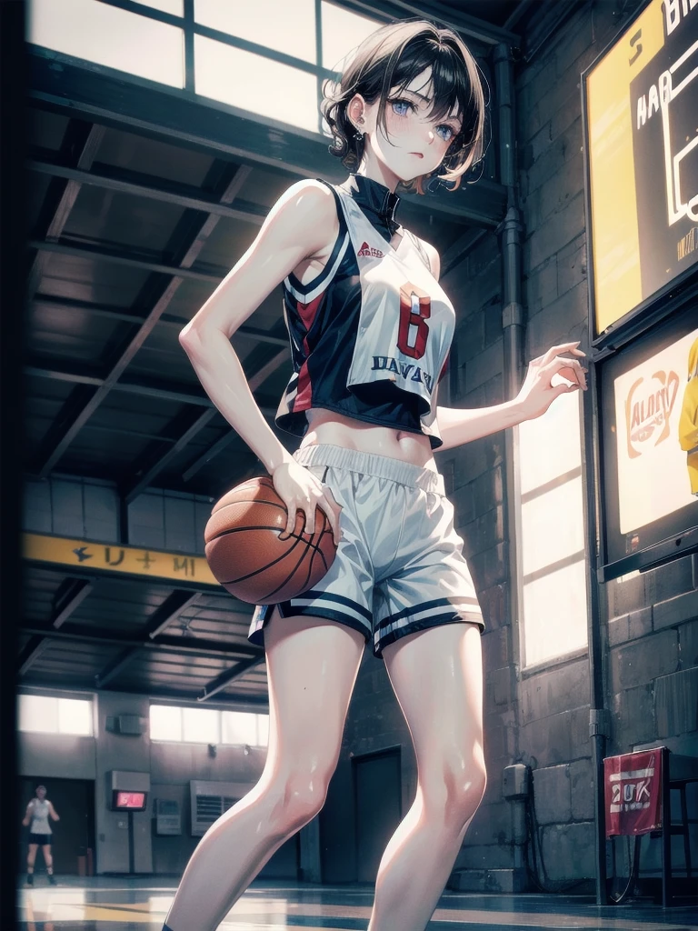 basketball uniform, shorts, midriff, sleeveless, absurdres, RAW photo, extremely delicate and beautiful, masterpiece, Best Quality, ultra high resolution, 32k, hyperrealistic, ultra-detailed, detailed description, pale skin, 20 years old, tearful mole, earring, big tits, short medium hair, wavy hair, whole body shot,