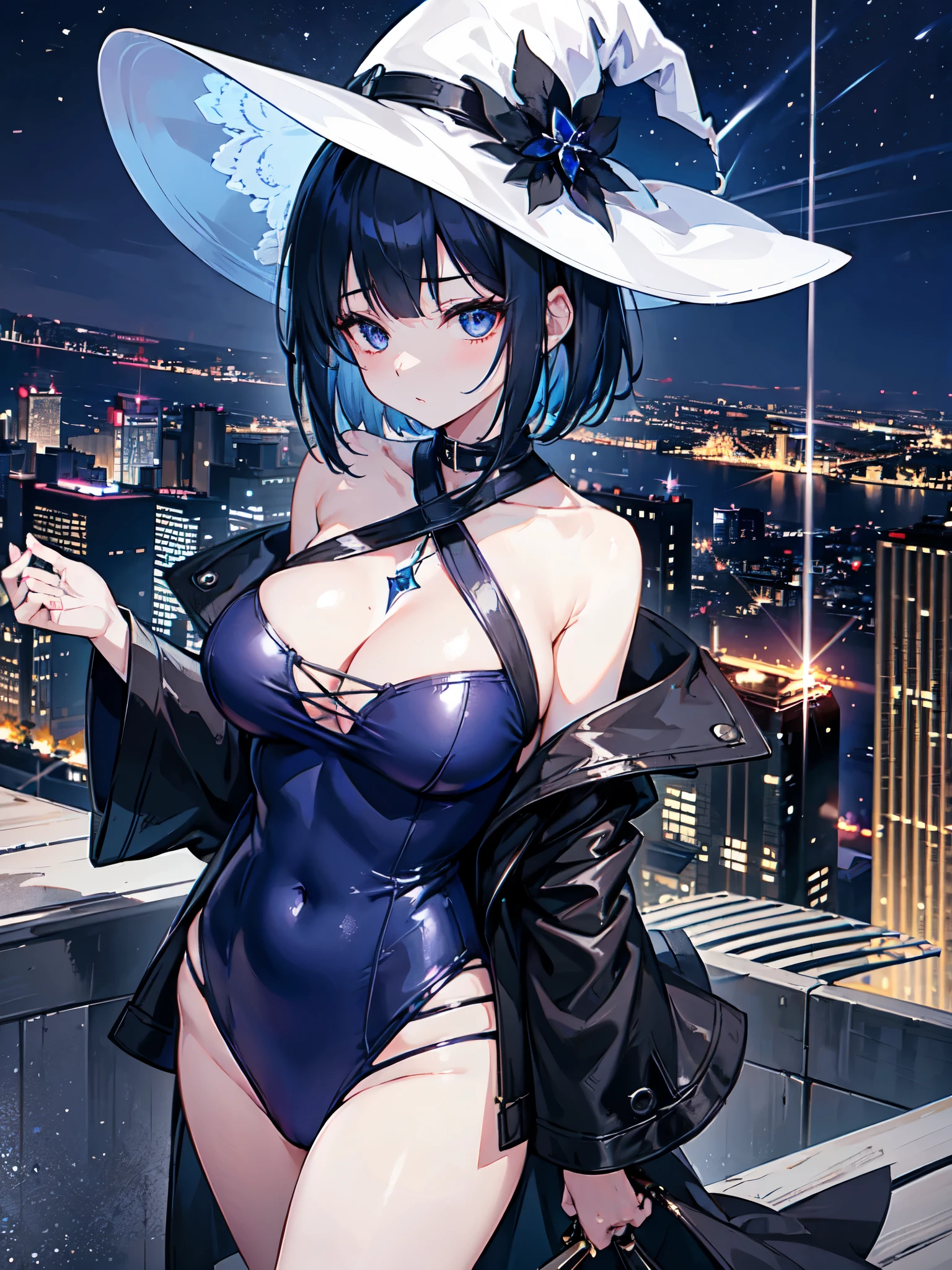A girl stands on the rooftop of a high-rise building overlooking the late-night Tokyo nightscape.、She has a short bob with a white lob of hair and wears a large black witch hat with sapphire jewelry.、A high school student wearing a navy blue swimsuit、She wears a large witch's hat with a small sapphire accessory、A few star creams、Beautiful starry sky、Beautiful night view、large witch's hat 、Small breasts、Small breasts、She is wearing a long black coat with the front open.、Illuminated roof terrace、