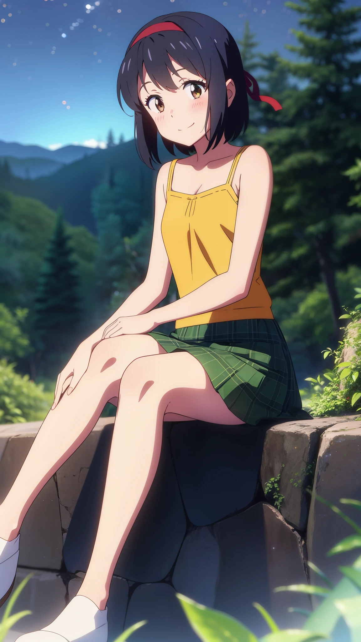 shinkai makoto, kimi no na wa., 1girl, bangs, black hair, blush, brown eyes, shinny skin, red headband, red bow, red ribbon, green camisole, green skirt, plaid skirt, bare shoulders, bare-legged, short hair, smile, cute, solo, happy, Rainforest background, in the forest, night, night sky