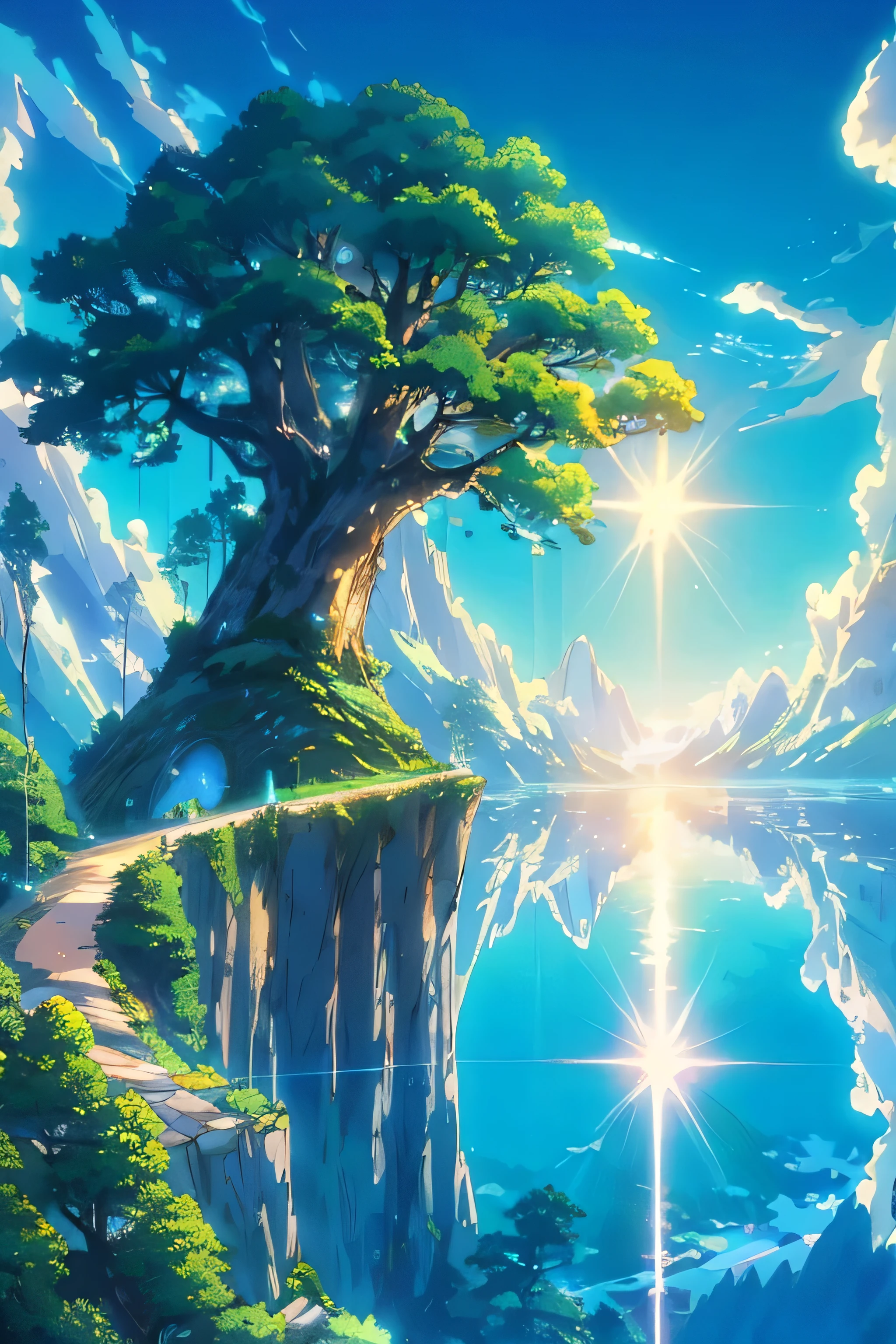 a painting of a tree on a cliff overlooking a lake, anime beautiful peace scene, anime nature wallpap, anime nature, made of tree and fantasy valley, dream scenery art, anime landscape wallpaper, beautiful anime scenery, amazing wallpaper, scenery artwork, the most beautiful landscape, makoto shinkai cyril rolando, scenery art detailed, anime background art, scenery wallpaper