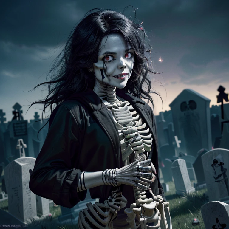 Masterpiece, best quality, 8K wallpaper, HDR, octane rendering. A girl in the cemetery summoning the dead)), ((smoke of green and purple magic in her hand)), wears a black hood, black shorts, tights, sitting on the tombstones, (((skeletons behind), (((skeletons coming out of their graves))), ((Scenery full of walking skeletons)), moon in the sky, clouds, dense fog, dark and detailed scenery, the girl has (messy hair over one eye:1.5), (shiny black hair :1.4), (Beautiful and detailed face with perfect symmetry), (Beautiful and detailed red eyes), (Red lips, open smile, pointy teeth: 1.1), (Body with perfect anatomy, perfect natural texture, high details, shiny skin ) cinematic lighting, vivid colors, detailed illustration, depth of field.