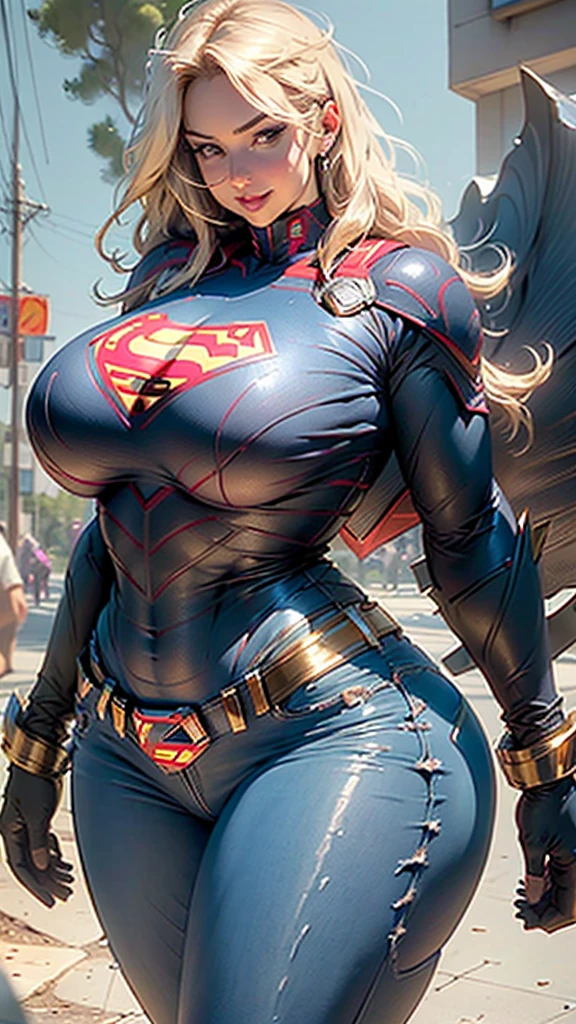 (Extremely detailed 8k wallpaper:1.2), masterpiece，Best quality at best, Supergirl corpo definido coxas grossas,  Glossy enamel short jeans, loira de olhos azuis, Superman S symbol on chest, rosto detalhado, linda, sorriso lindo. (chubby:1.3), (huge breasts:1.4),