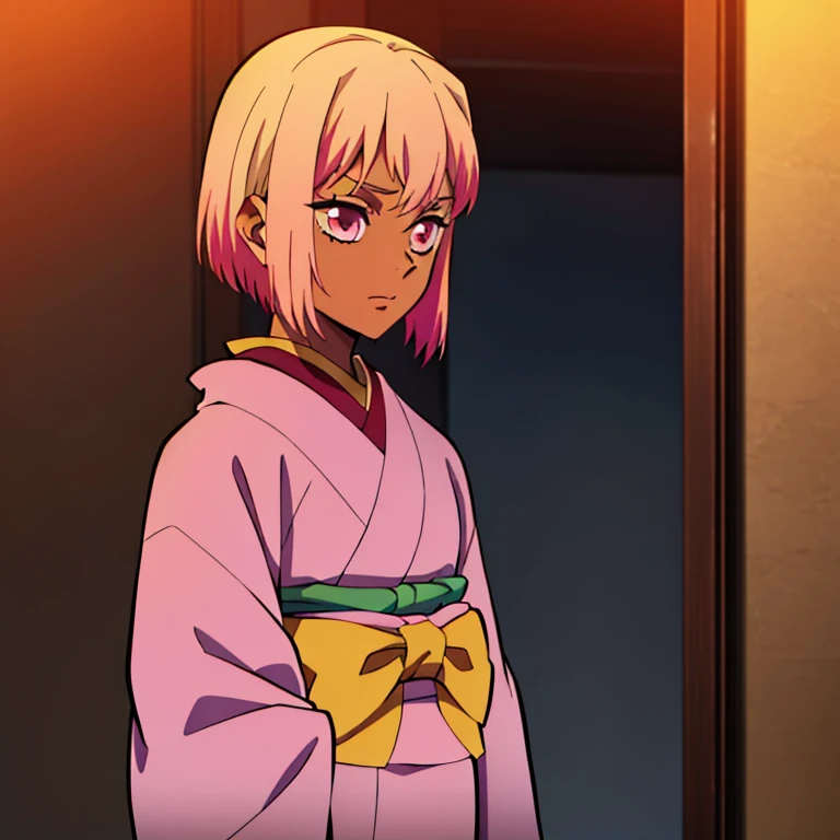 (Masterpiece), solo, best quality, Russian girl, moderate dark skin, she’s a non-canon character of Kimestu no Yaiba, hot-pink eyes, (spiky hair), (((short hair))), (split colored hair), (moderate pink hair), (dark brown hair), dark tanned skin, kimono with Russian sun symbol, multicolored kimono, yellow kimono, pink kimono, green kimono, She is 19 years old, but appears younger, (medium chest)