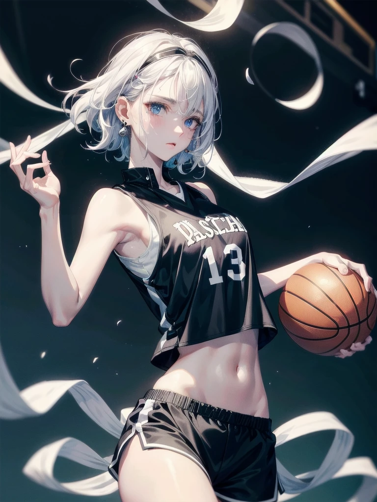 basketball uniform, shorts, midriff, sleeveless, absurdres, RAW photo, extremely delicate and beautiful, masterpiece, Best Quality, ultra high resolution, 32k, hyperrealistic, ultra-detailed, detailed description, pale skin, 20 years old, tearful mole, earring, big tits, short medium hair, wavy hair, whole body shot,