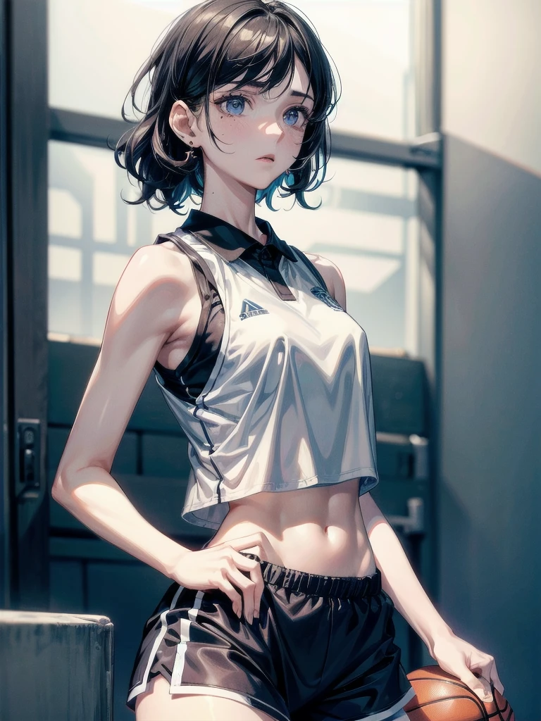 basketball uniform, shorts, midriff, sleeveless, whole body shot, absurdres, RAW photo, extremely delicate and beautiful, masterpiece, Best Quality, ultra high resolution, 32k, hyperrealistic, ultra-detailed, detailed description, pale skin, 20 years old, tearful mole, earring, big tits, short medium hair, wavy hair, 