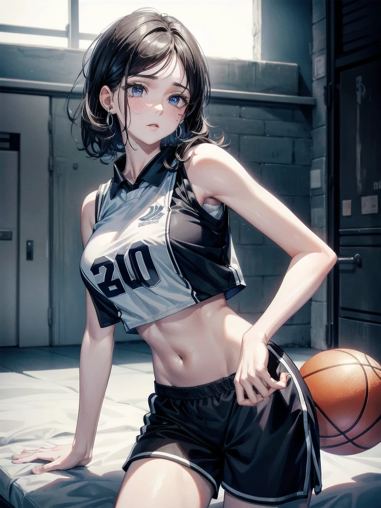 basketball uniform, shorts, midriff, sleeveless, whole body shot, absurdres, RAW photo, extremely delicate and beautiful, masterpiece, Best Quality, ultra high resolution, 32k, hyperrealistic, ultra-detailed, detailed description, pale skin, 20 years old, tearful mole, earring, big tits, short medium hair, wavy hair,