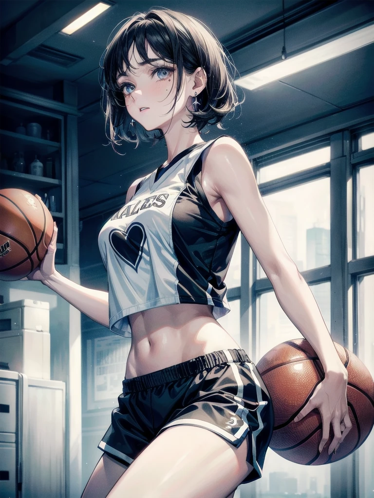 basketball uniform, shorts, midriff, sleeveless, whole body shot, absurdres, RAW photo, extremely delicate and beautiful, masterpiece, Best Quality, ultra high resolution, 32k, hyperrealistic, ultra-detailed, detailed description, pale skin, 20 years old, tearful mole, earring, big tits, short medium hair, wavy hair,