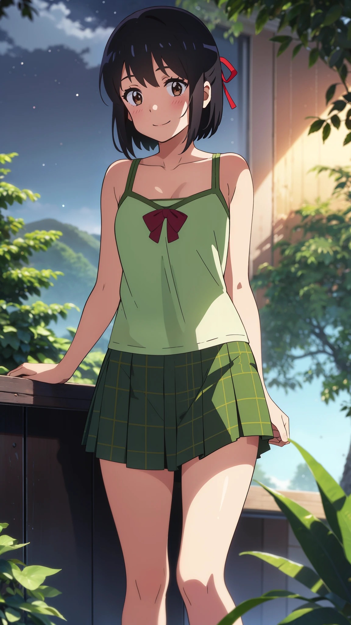 shinkai makoto, kimi no na wa., 1girl, bangs, black hair, blush, brown eyes, shinny skin, red headband, red bow, red ribbon, green camisole, green skirt, plaid skirt, bare shoulders, bare-legged, short hair, smile, cute, solo, happy, Rainforest background, in the forest, night, night sky