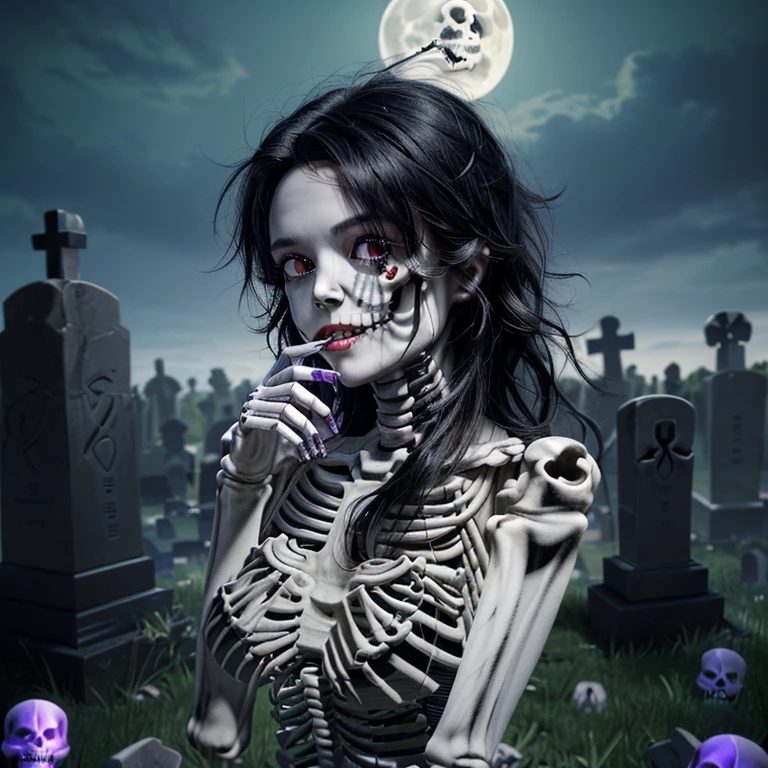Masterpiece, best quality, 8K wallpaper, HDR, octane rendering. A girl in the cemetery summoning the dead)), ((smoke of green and purple magic in her hand)), wears a black hood, black shorts, tights, sitting on the tombstones, (((skeletons behind), (((skeletons coming out of their graves))), ((Scenery full of walking skeletons)), moon in the sky, clouds, dense fog, dark and detailed scenery, the girl has (messy hair over one eye:1.5), (shiny black hair :1.4), (Beautiful and detailed face with perfect symmetry), (Beautiful and detailed red eyes), (Red lips, open smile, pointy teeth: 1.1), (Body with perfect anatomy, perfect natural texture, high details, shiny skin ) cinematic lighting, vivid colors, detailed illustration, depth of field.