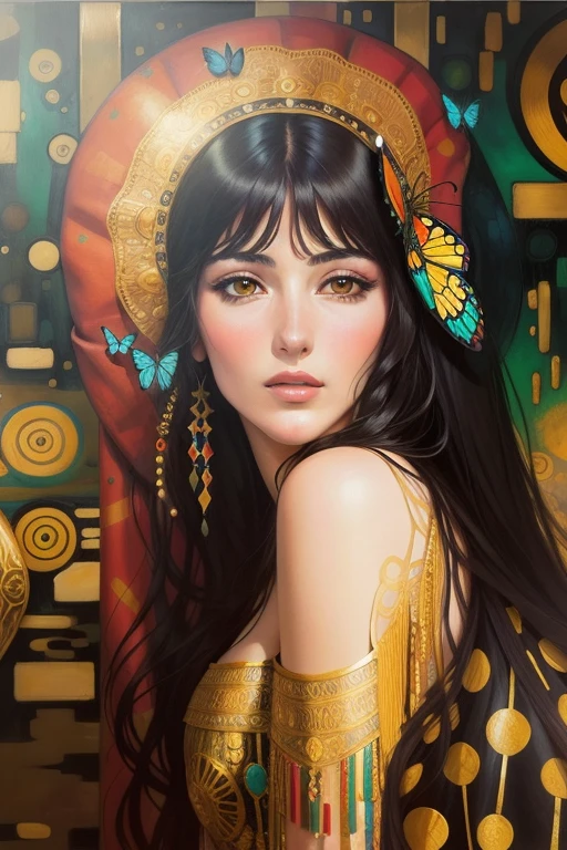 Gustav Klimt painted his new famous artwork of Monica Bellucci (with straight hair) and her beautiful sister, she is very beautiful, the background is colorful with gold intricately detailed colorful single butterfly - watercolor art