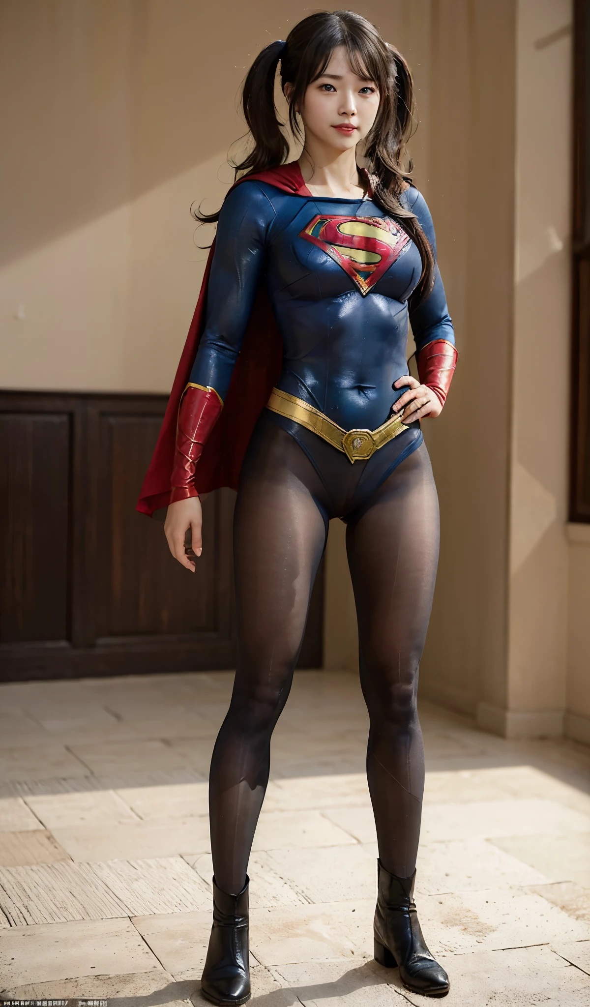No background、(((Beautiful legs in black tights.)))、(((Legally express the beauty of your smile)))、((((Make the most of your original images)))、(((Supergirl Costume)))、(((Beautiful hair with twin tails)))、(((suffering)))、(((Please wear black tights....、Wear red boots)))、((Best image quality、8k))、((highest quality、8k、masterpiece:1.3))、(((Preserve background )))、Sharp focus:1.2、Beautiful woman with perfect figure:1.4、Slim Abs:1.2、Wet body:1.5、Highly detailed face and skin texture、8k