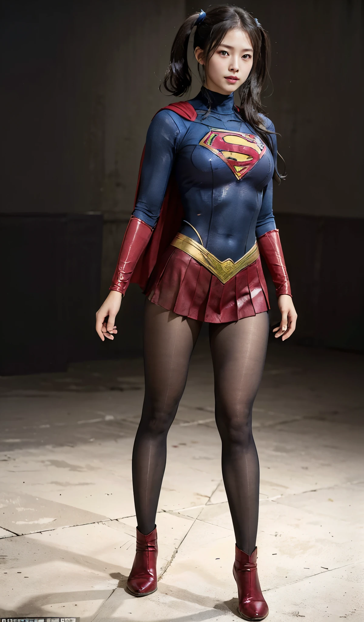 No background、(((Beautiful legs in black tights.)))、(((Legally express the beauty of your smile)))、((((Make the most of your original images)))、(((Supergirl Costume)))、(((Beautiful hair with twin tails)))、(((suffering)))、(((Please wear black tights....、Wear red boots)))、((Best image quality、8k))、((highest quality、8k、masterpiece:1.3))、(((Preserve background )))、Sharp focus:1.2、Beautiful woman with perfect figure:1.4、Slim Abs:1.2、Wet body:1.5、Highly detailed face and skin texture、8k