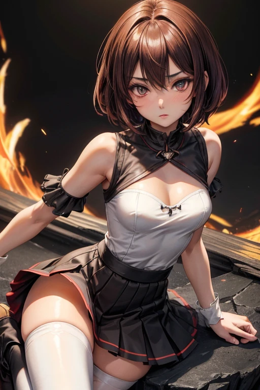 8K UHD, Digital SLR, Soft lighting, High quality, ((best quality)) ((best quality)), ((masterpiece)), (detailed), 4k image, anime style, beautiful age anime girl, black color A-line pleated skirt, shirt, fair caramel brown skin, symmetrical face, plump lips, blood red sanguine eyes, African looks, small breasts, toned thin slender body, small narrow waist, short height, waist length pixie cut hair, sleek dark red hair, hips, phoenix eyes, small nose, European style , white sheer thigh-high stockings, low-top boots
