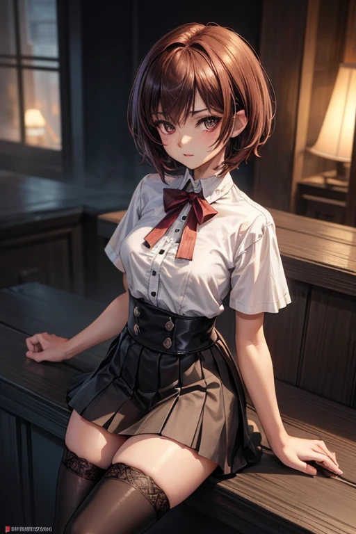 8K UHD, Digital SLR, Soft lighting, High quality, ((best quality)) ((best quality)), ((masterpiece)), (detailed), 4k image, anime style, beautiful teenage anime girl, black color A-line pleated skirt, shirt, fair caramel brown skin, symmetrical face, plump lips, blood red sanguine eyes, African looks, small breasts, toned thin slender body, small narrow waist, short height, waist length pixie cut hair, sleek dark red hair, hips, phoenix eyes, small nose, European style , white sheer thigh-high stockings, low-top boots