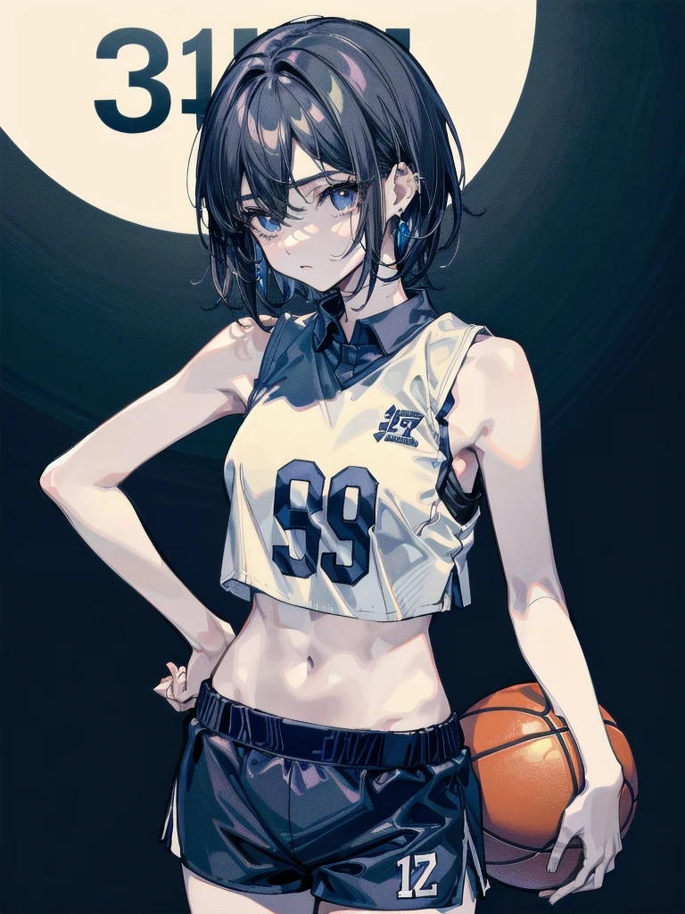 basketball uniform, shorts, midriff, sleeveless, absurdres, RAW photo, extremely delicate and beautiful, masterpiece, Best Quality, ultra high resolution, 32k, hyperrealistic, ultra-detailed, detailed description, pale skin, 20 years old, tearful mole, earring, big tits, short medium hair, wavy hair, whole body shot,