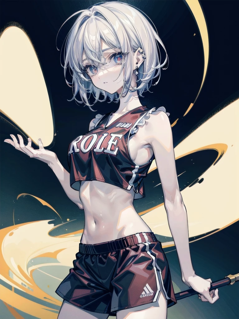 basketball uniform, shorts, midriff, sleeveless, absurdres, RAW photo, extremely delicate and beautiful, masterpiece, Best Quality, ultra high resolution, 32k, hyperrealistic, ultra-detailed, detailed description, pale skin, 20 years old, tearful mole, earring, big tits, short medium hair, wavy hair, whole body shot,