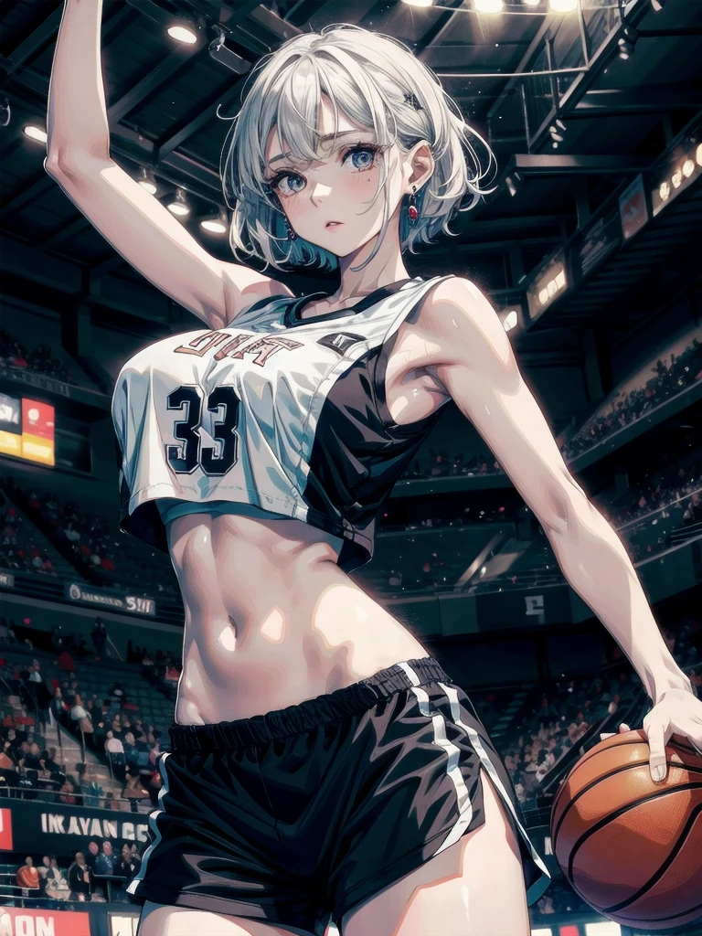 whole body, absurdres, RAW photo, extremely delicate and beautiful, masterpiece, Best Quality, ultra high resolution, 32k, hyperrealistic, ultra-detailed, detailed description, pale skin, 20 years old, detailed beautiful face and eyes, big tits, medium hair, black hair, tearful mole, earring, Basketball shirt, tank top, Hot Pants,