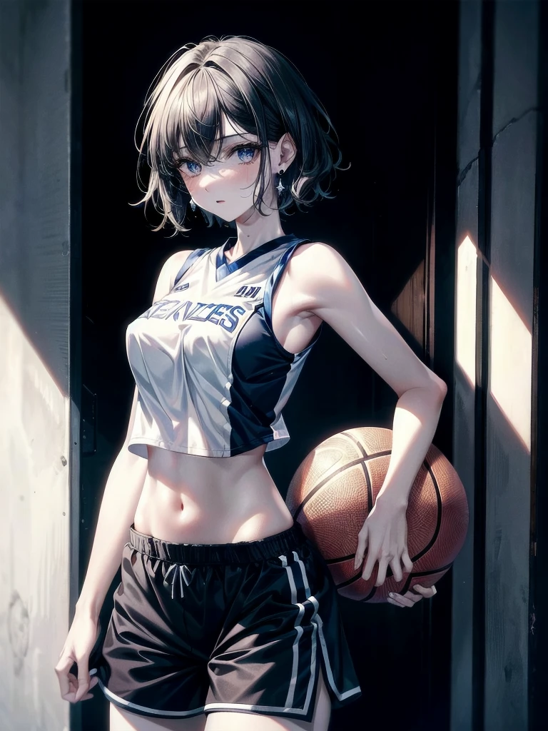 basketball uniform, shorts, midriff, sleeveless, absurdres, RAW photo, extremely delicate and beautiful, masterpiece, Best Quality, ultra high resolution, 32k, hyperrealistic, ultra-detailed, detailed description, pale skin, 20 years old, tearful mole, earring, big tits, short medium hair, wavy hair, whole body shot,
