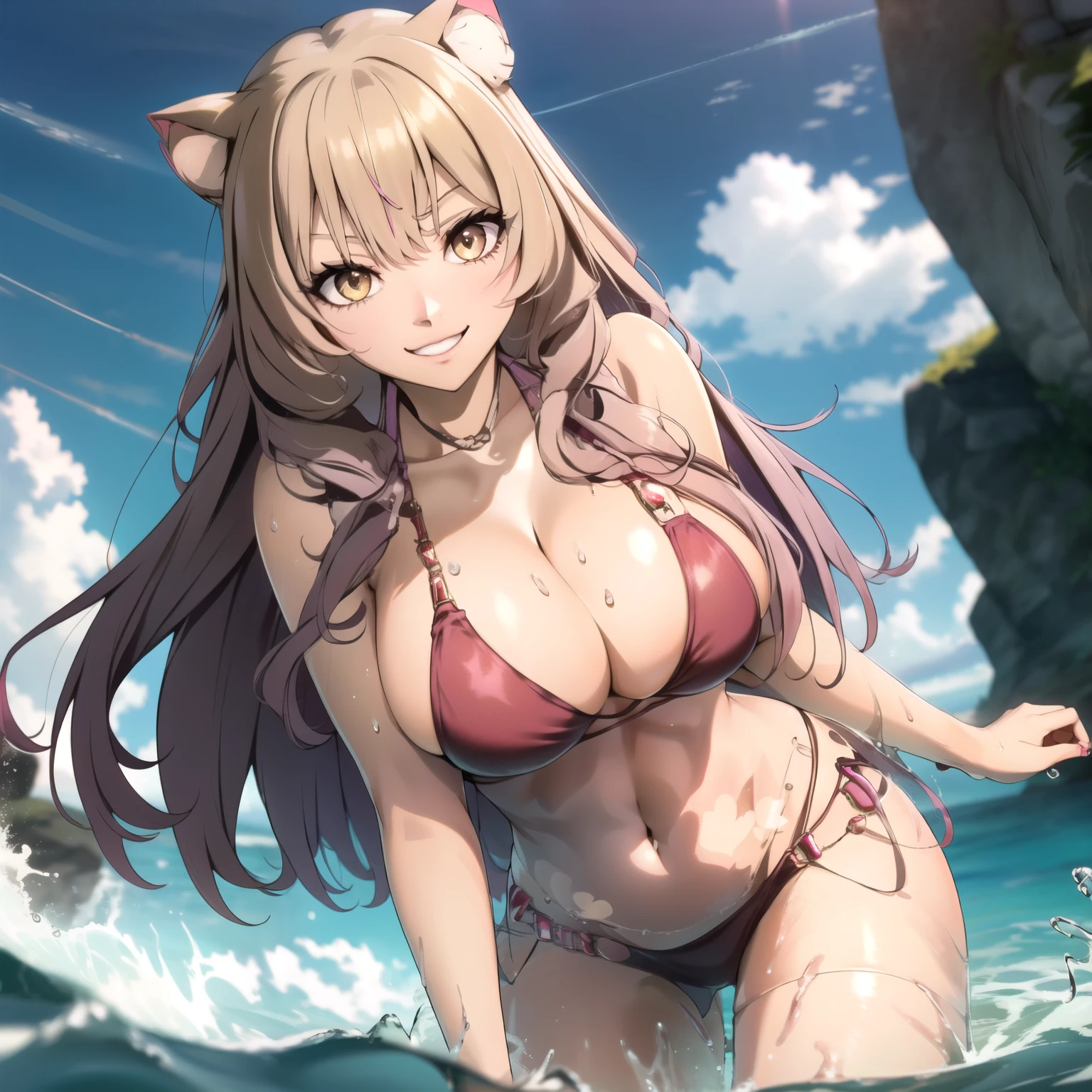 Raphtalia woman 27 años, cabello rubio con puntas rosadas, cocky smile, rubor en mejillas, , orejas de gato puntiagudas, detailed ojos dorados, pechos grandes, piel oscura piel morena bronceada, bikini rojo oscuro, accesorios, . is bathing in the ocean drops splashing bathing in the ocean. gotas de agua en su pecho, gotas de agua en su cabello. colores vibrantes, alta calidad. orejas de oso. sol de fondo. manos perfectas. orejas de gato puntiagudas, ojos dorados. cabello rubio.