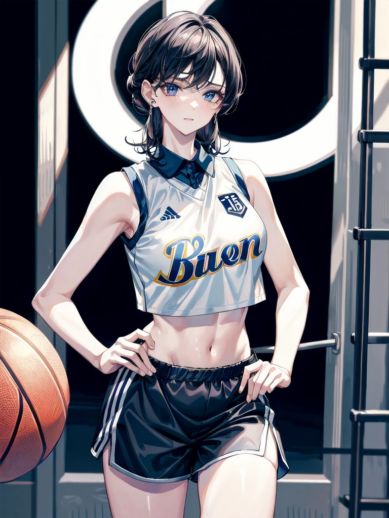 basketball uniform, shorts, midriff, sleeveless, absurdres, RAW photo, extremely delicate and beautiful, masterpiece, Best Quality, ultra high resolution, 32k, hyperrealistic, ultra-detailed, detailed description, pale skin, 20 years old, tearful mole, earring, big tits, short medium hair, wavy hair, whole body shot,