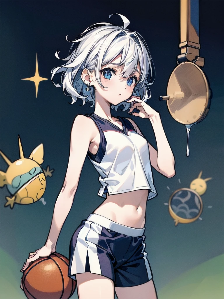 basketball uniform, shorts, midriff, sleeveless, absurdres, RAW photo, extremely delicate and beautiful, masterpiece, Best Quality, ultra high resolution, 32k, hyperrealistic, ultra-detailed, detailed description, pale skin, 20 years old, tearful mole, earring, big tits, short medium hair, wavy hair, whole body shot,