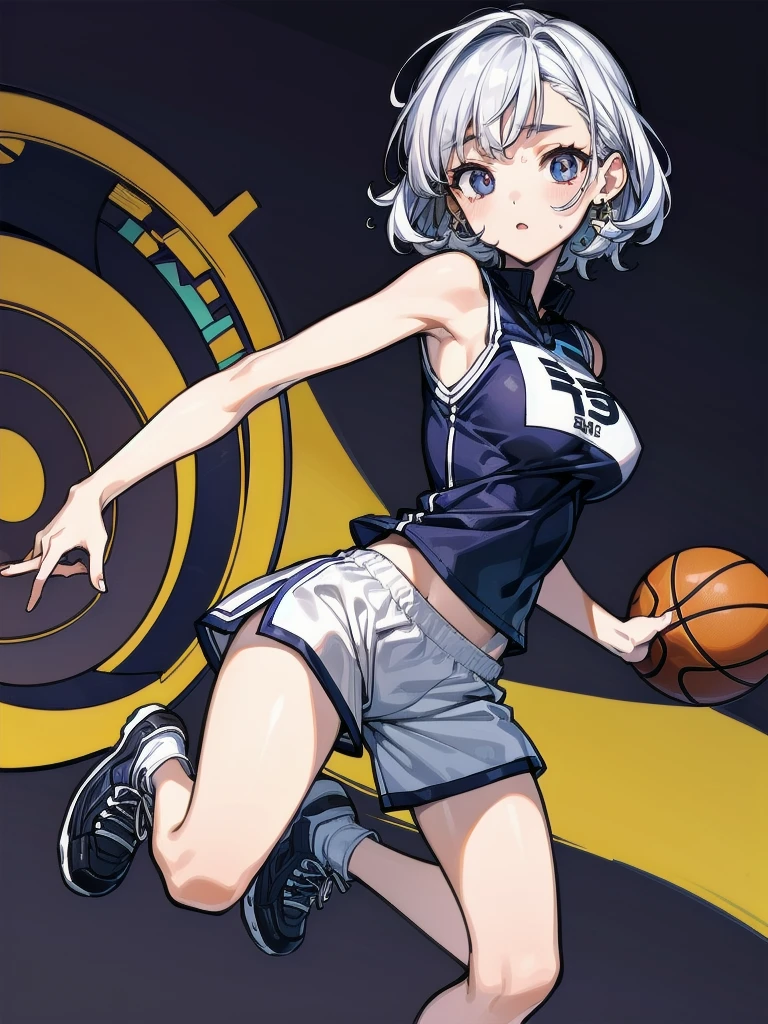 basketball uniform, shorts, midriff, sleeveless, absurdres, RAW photo, extremely delicate and beautiful, masterpiece, Best Quality, ultra high resolution, 32k, hyperrealistic, ultra-detailed, detailed description, pale skin, 20 years old, tearful mole, earring, big tits, short medium hair, wavy hair, whole body shot,