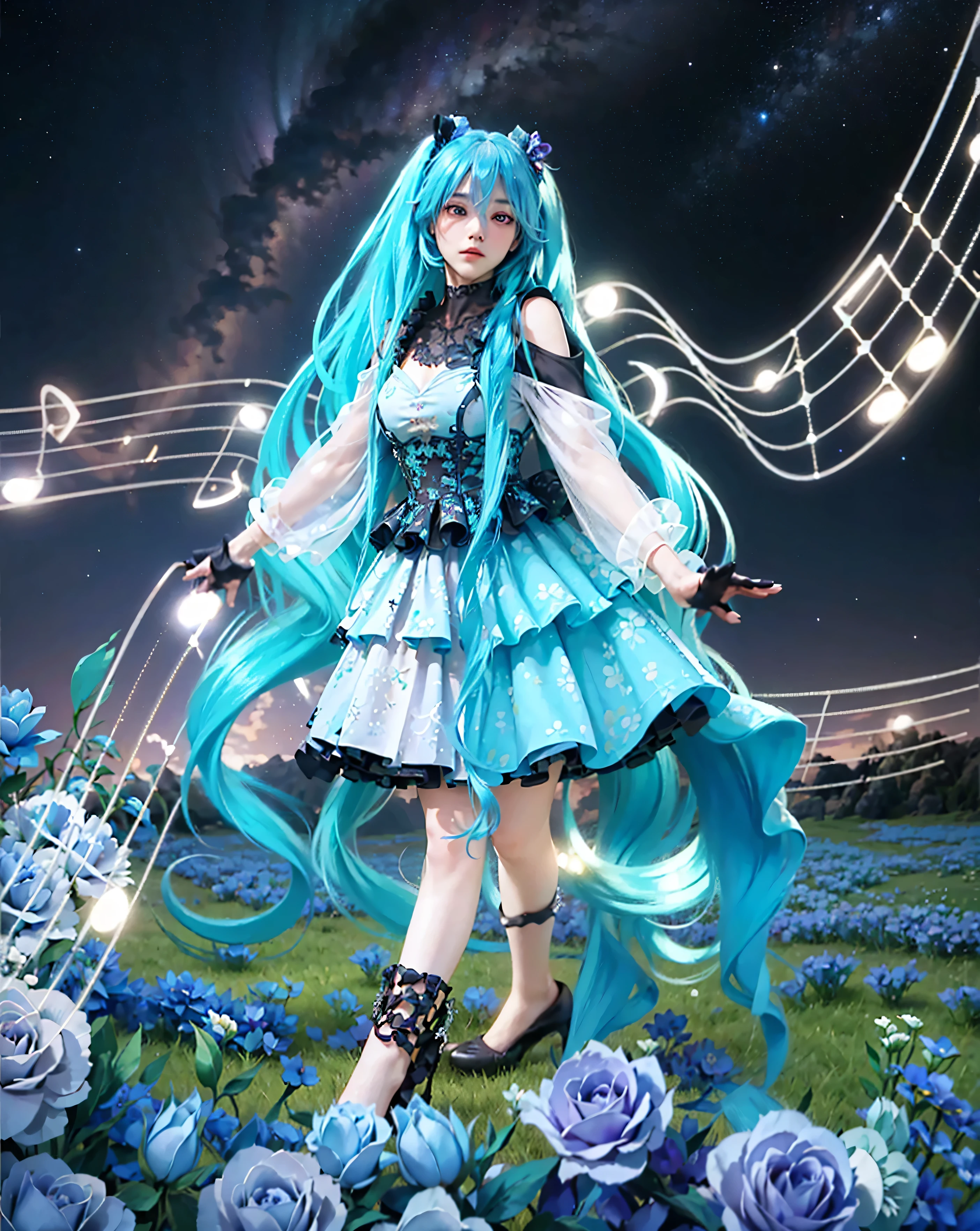 ( HATSUNE MIKU_ROSE CAGE),((realistic, photorealistic)),, Light reflection, (( HD )),((upper body)), (((best quality, masterpiece))), (masterpiece) (best quality) (detail) (8k) (HDR) (wallpaper) (cinematic lighting) (sharp focuasterpiece, best quality: 1.1), Real life adaption of this character, Shining Purple eyes, realistic outfit, realistic shadow, realistic light, realistic hair,realism, hyper realistic, realistic background,(photorealistic:1.2), 1girl, background fairytale mountain landscape, Forest Sunset,  open space background, Planet, Stars, hyper-detailing , Mysticism, back light, fantasy, black atmosphere, purple tones , hyper realistic, beutiful,  lumen, Professional photo, is beautiful, 3d, Realistic, k, hight resolution, higly detailed,masterpiece, best quality, very aesthetic, absurdres, intericate deteiled, 
(Illustrations of plants and flowers, no trees, only flowers), Spectacular scenery, spectacular views,
Lisianthus flower field in full bloom, Blue Rose,Bright blue Lisianthus, animation, flower field, gentle breeze,Flowers flying,
(Prairie, flat land), (Flowers all over: 1.3), wavy blue hair,Foreground blur blue roses,Hair shines, music floats,