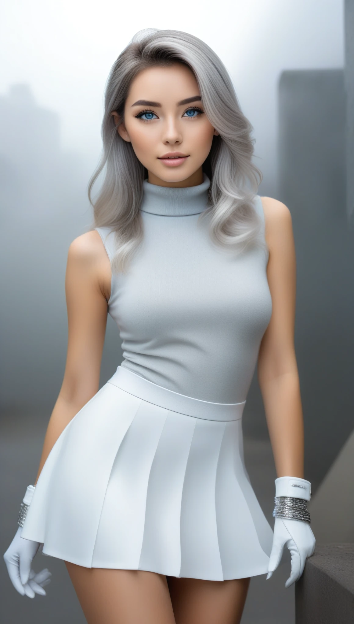 masterpiece, (Best Quality, perfect Detailed:1.5), Realistic, all body shot, 
BREAK 
beautiful Pretty and cute Japanese luna Girl, ig model, render of april, (all body shot:1.4), standing,

BREAK 
(Detailed wear, all body wear),
(sleeveless high-neck knit one-piece dress:1.4), (emphasis on body contour:1.2), (white theme:1.4), (silver metallic thread embellishments:1.3), (silver statement necklace:1.3), (silver cuff bracelets:1.3), (silver hoop earrings:1.3), (silver anklet:1.3), (white futuristic sunglasses with silver frames:1.3), (white leather gloves:1.3), (skirt hem held by hand:1.3), (high-tech thick-soled high-top sneakers:1.4), (white theme:1.2), (silver details:1.2), arranged gray hair,

BREAK 
(Detailed medium breasts, Detailed bodyline, Detailed legs and calves), (hyper slim waist, medium breasts, medium buttocks, beautiful sexy legs:1.2), White and beautiful Silky skin, arranged gray hair, small head,

BREAK small head, Detailed face, cute and Pretty slim face, Duck mouth, perfect beautiful Tooth, blue eyes, half open eyes, shiny eyes, looking viewer, 
in a concrete, fog, mist, 