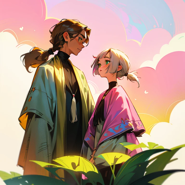((height difference)), Illustration style, cartoony, love, couple, pink-sky, pink plants, (masterpiece, best:1.0), ((couple)), ((one man)), ((one woman)), two people, One male (brown shaggy hair, brown rattail hair, 3:7 ratio) (green eyes), One female (white bob hair with fringe) (yellow eyes), 1 male 1 female