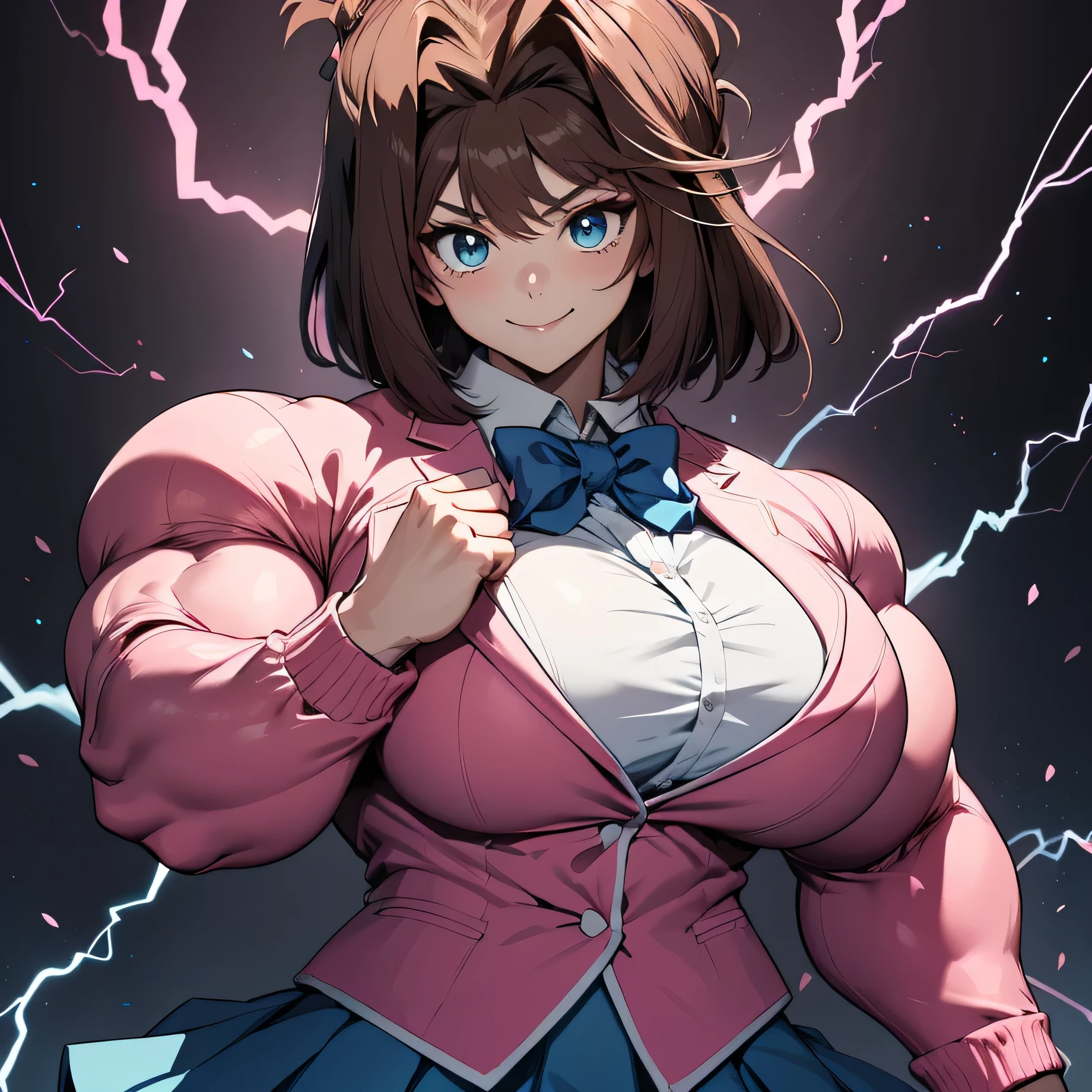 Anzu Def, anime face, soft gaze, close-up picture of a girl flexing her arms, clenched fists, 1girl, solo, smile, short hair, blue eyes, large breasts, brown hair, skirt, shirt, (long sleeves:1.4), bow, jacket, white shirt, pleated skirt, collared shirt, miniskirt, bowtie, blurry, blue skirt, blue bow, blazer , blue bowtie, pink jacket, pink aura, the strongest girl in existence, Action pose, looking at her arm, dark pink sky background, ((electricity around the character)), (big breasts:1.4), (wide hips, thick thighs thigh muscular, female muscles, Muscle definition, big muscular biceps, wide shoulder, big calves, muscular, :)