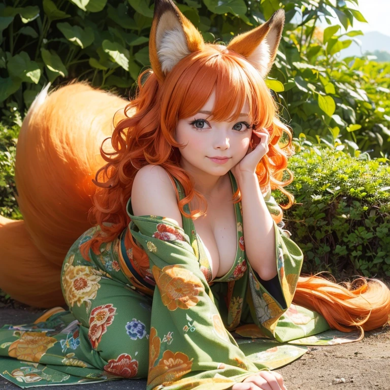 (best quality,4k,8k,highres,masterpiece:1.2),ultra-detailed,(realistic,photorealistic,photo-realistic:1.37),cute,solo girl with orange long wavy hair,blue eyes,fox ears,fluffy fox tail,wearing traditional Japanese clothing, summer time in Japan,beautiful garden scenery,lush greenery,colorful