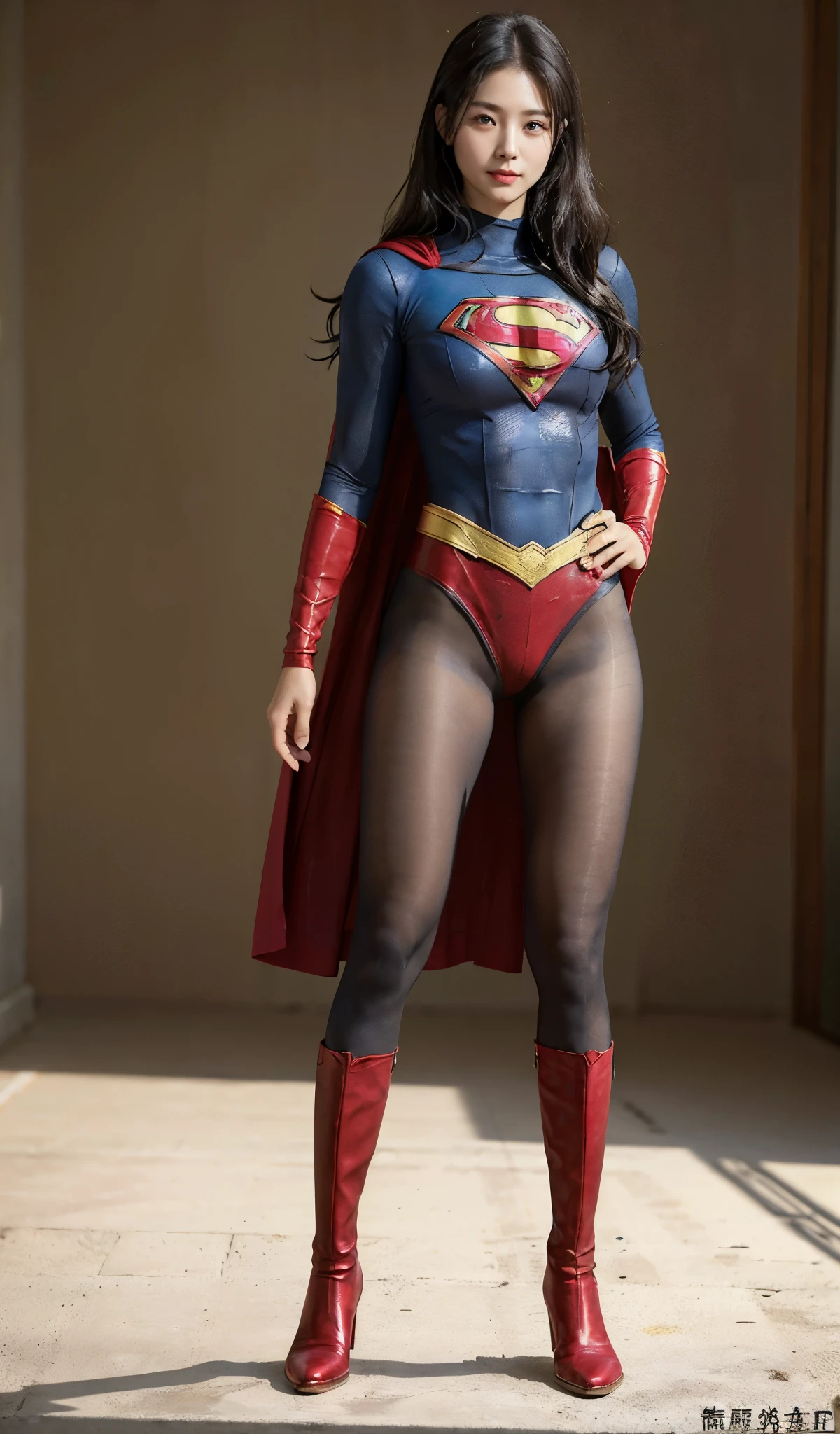 No background、(((Beautiful legs in black tights.)))、(((Legally express the beauty of your smile)))、((((Make the most of your original images)))、(((Supergirl Costume)))、(((Beautiful half-up hairstyle)))、(((suffering)))、(((Please wear black tights....、Wear red boots)))、((Best image quality、8k))、((highest quality、8k、masterpiece:1.3))、(((Preserve background )))、Sharp focus:1.2、Beautiful woman with perfect figure:1.4、Slim Abs:1.2、Wet body:1.5、Highly detailed face and skin texture、8k