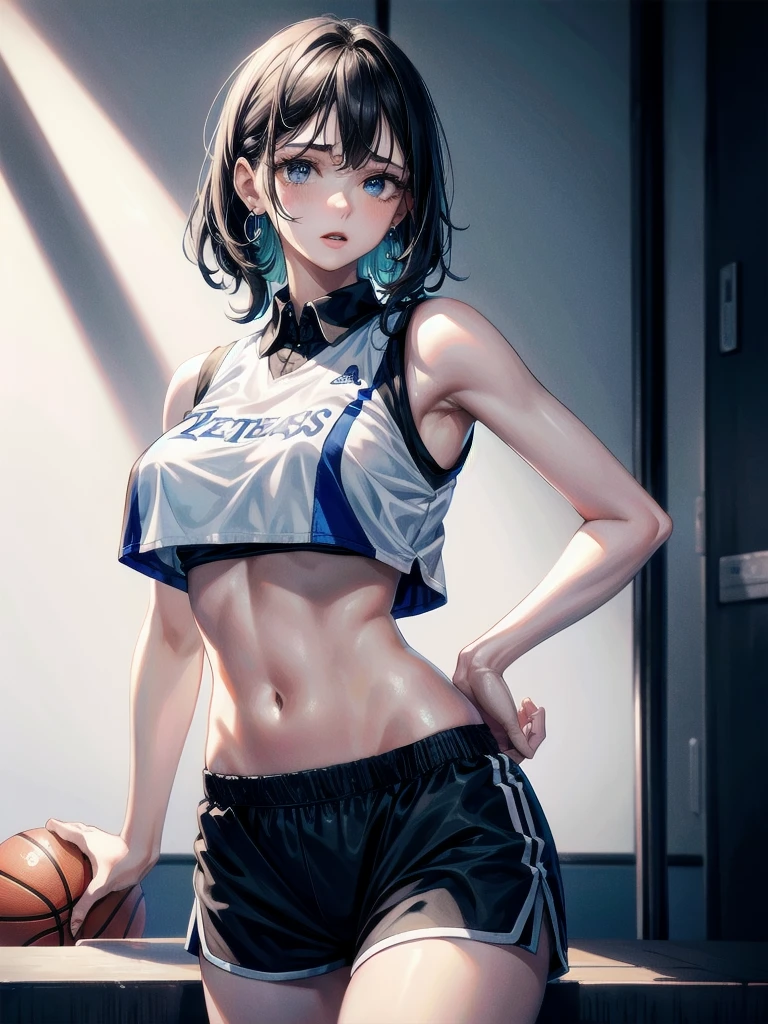 basketball uniform, shorts, midriff, sleeveless, absurdres, RAW photo, extremely delicate and beautiful, masterpiece, Best Quality, ultra high resolution, 32k, hyperrealistic, ultra-detailed, detailed description, pale skin, 20 years old, tearful mole, earring, big tits, short medium hair, wavy hair, whole body shot,