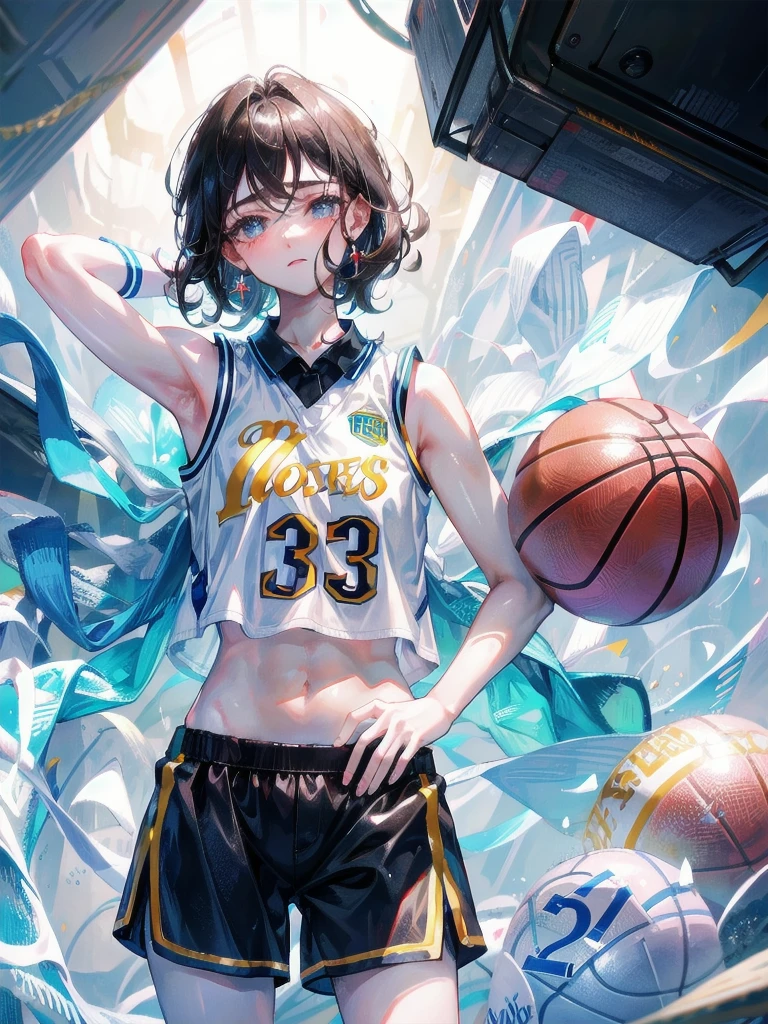 basketball uniform, shorts, midriff, sleeveless, absurdres, RAW photo, extremely delicate and beautiful, masterpiece, Best Quality, ultra high resolution, 32k, hyperrealistic, ultra-detailed, detailed description, pale skin, 20 years old, tearful mole, earring, big tits, short medium hair, wavy hair, whole body shot,